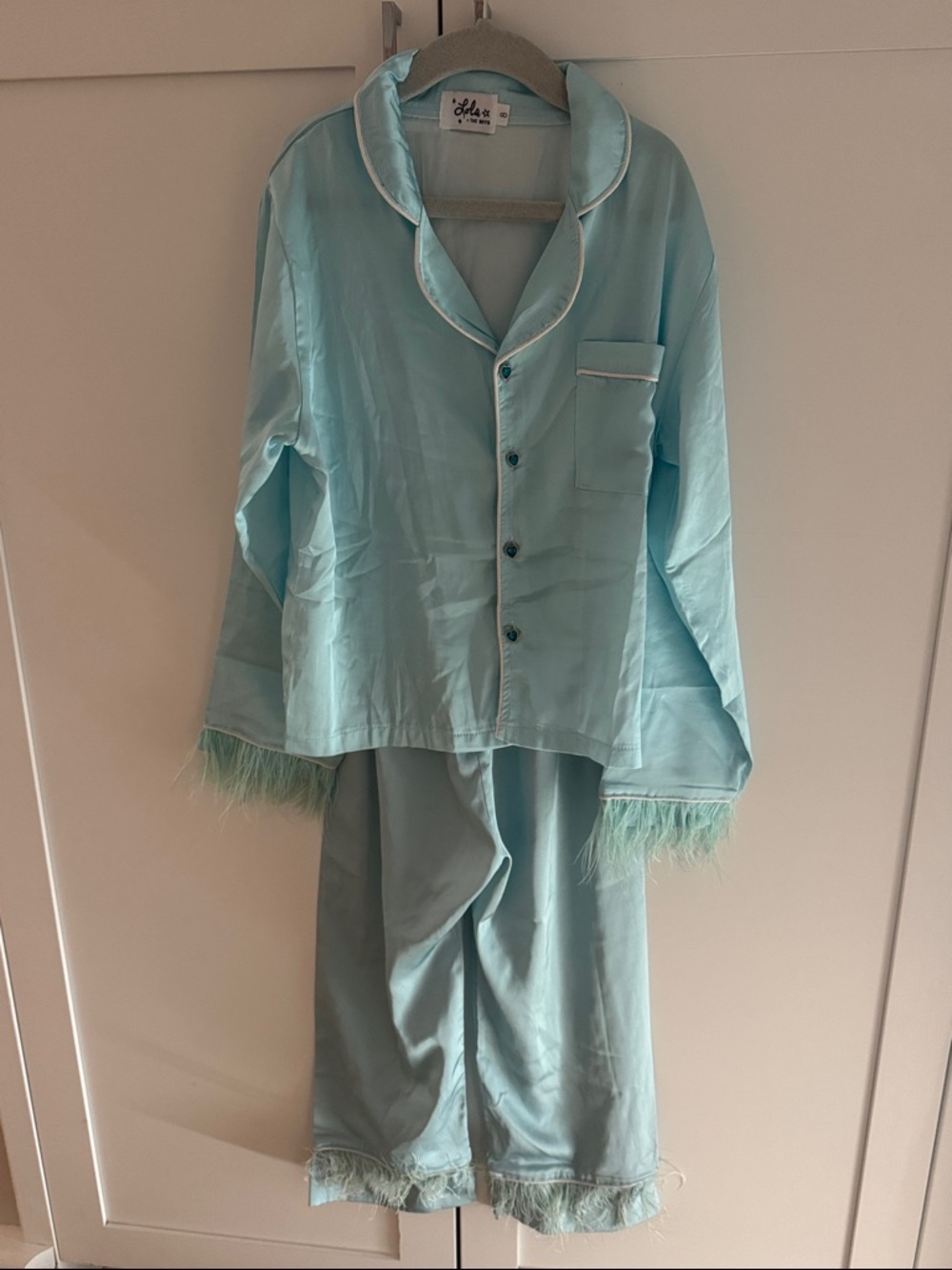 Lola + The Boys Light Aqua Feather Trim Pajama Set